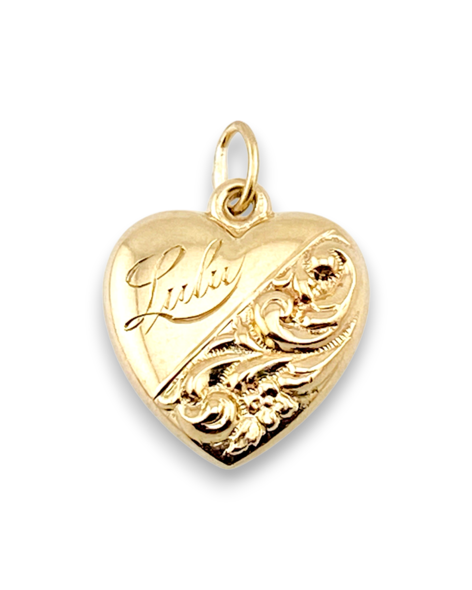 Antique Victorian 10k Gold Puffy Heart Charm Pendant with Repoussé Detail and Engraved Lulu