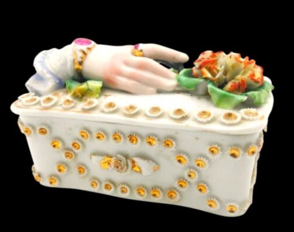 Antique Victorian Trinket Box Hand Offering Flowers