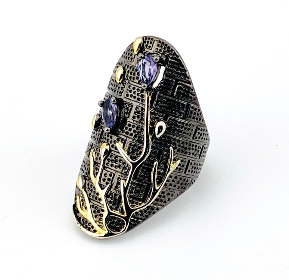 Slight angle showing textured background on Black Rhodium Coral Branch Ring