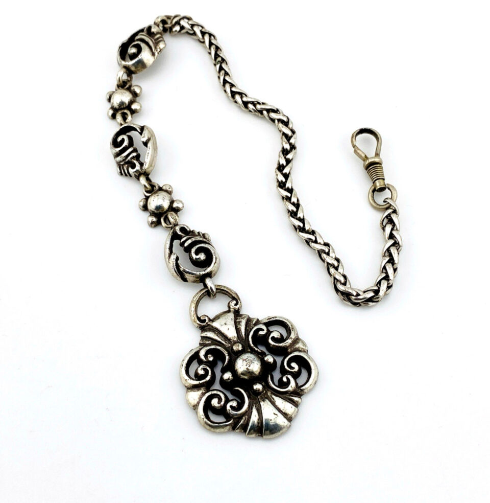 Brighton Silver Plated Pocket Watch Chain with Round Fob 10.5 In
