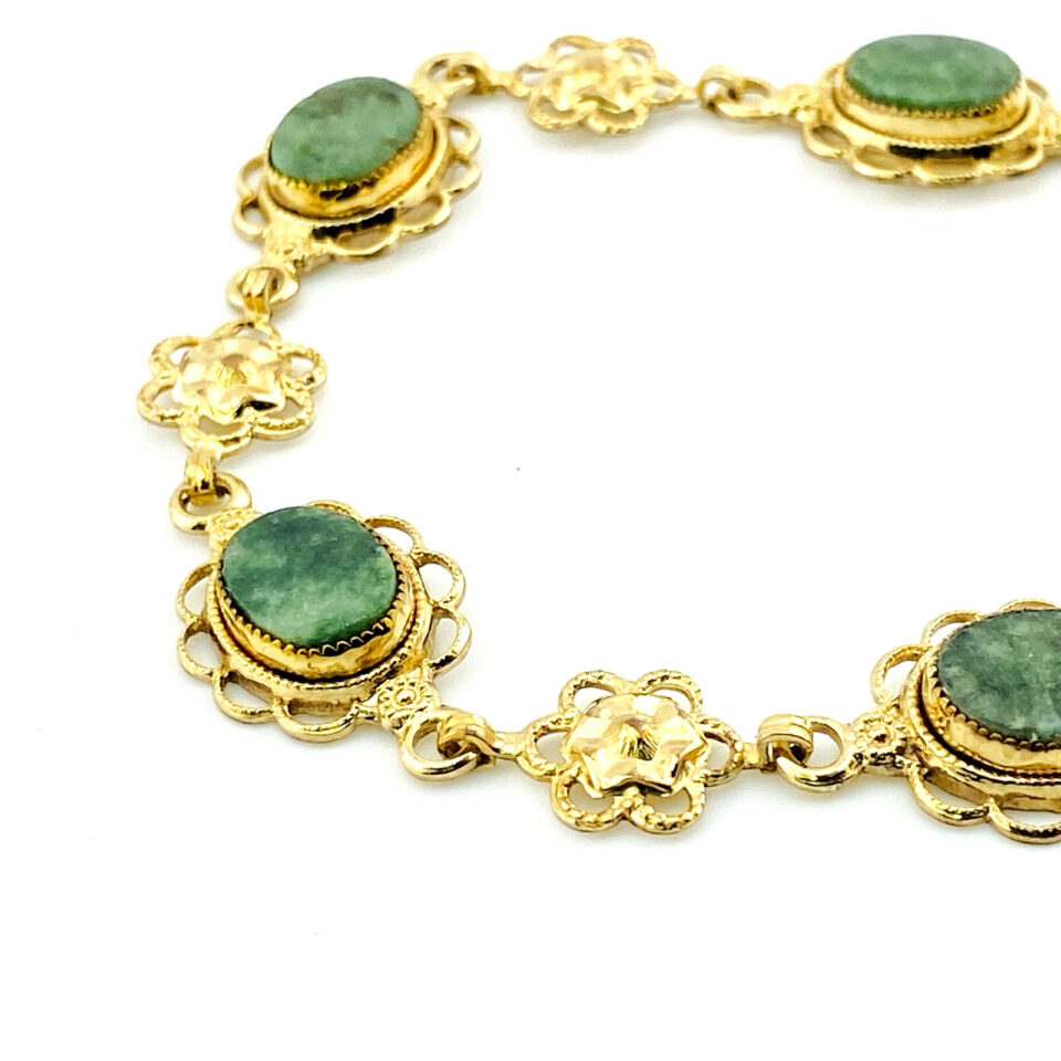 Vintage 12k gold filled bracelet with oval green Connemara marble stones set in decorative filigree and floral links