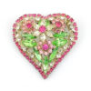 Vintage Dorothy Bauer heart brooch with pink clear and uranium green rhinestone flowers in silver plated metal