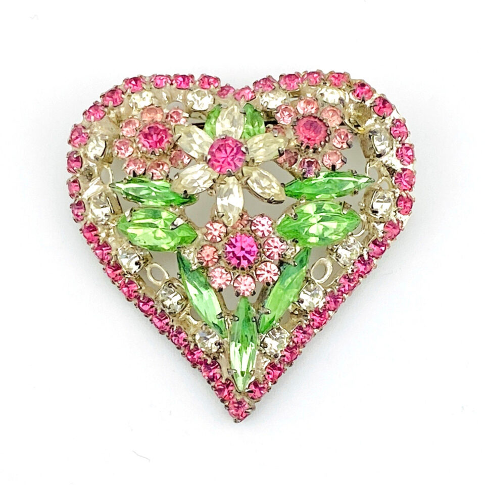 Dorothy Bauer Rhinestone Heart Brooch Pink & Green Swarovski Floral