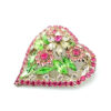 Vintage Dorothy Bauer heart brooch with pink clear and uranium green rhinestone flowers in silver plated metal