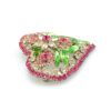 Vintage Dorothy Bauer heart brooch with pink clear and uranium green rhinestone flowers in silver plated metal