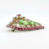 Vintage Dorothy Bauer heart brooch with pink clear and uranium green rhinestone flowers in silver plated metal