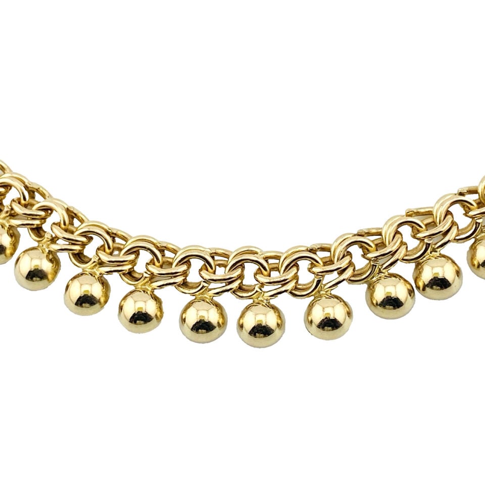 Vintage B&B gold filled curb chain necklace with arrow accents and polished ball fringe, signed and marked 1/20 12k.
