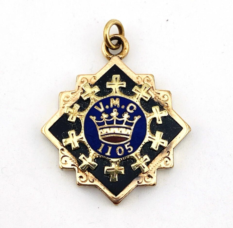 Vintage Royal Arcanum Fraternal Pendant with Blue Enamel Crown and V.M.C. Emblem