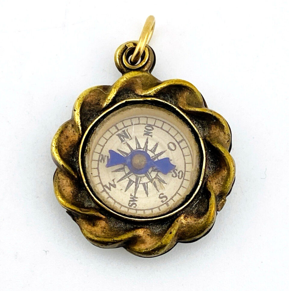 Antique Miniature Working Compass Watch Fob Pendant in Gold Tone