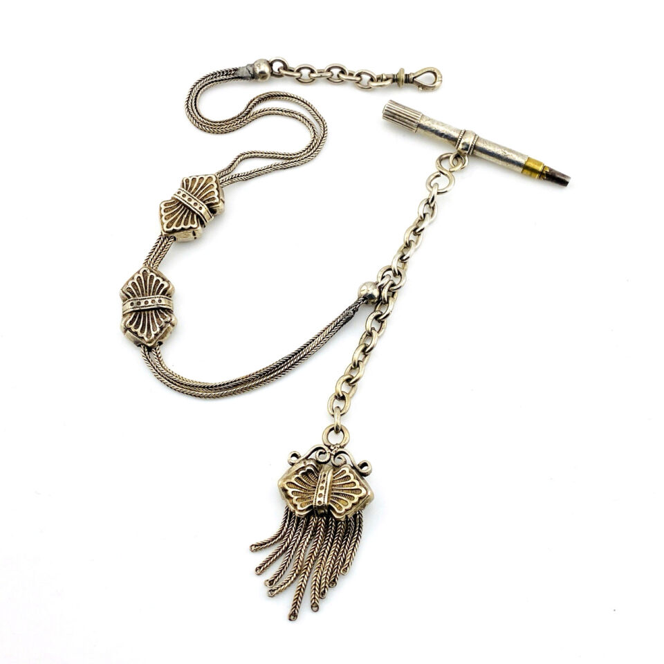 Antique Victorian Sterling Silver Albertina Watch Chain with Double Slides, Tassel and Watch Key