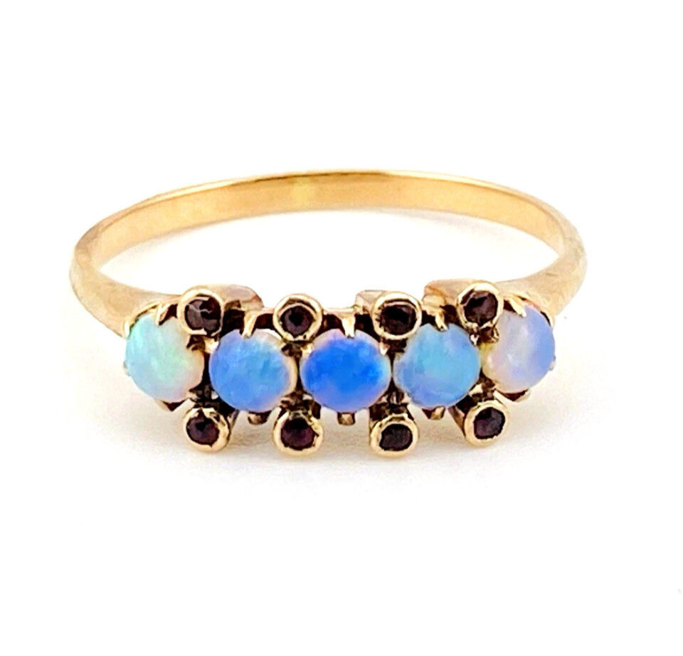 Antique Victorian Natural Blue Opal & Rhodolite Garnet Ring in 10k Gold — Size 6.75