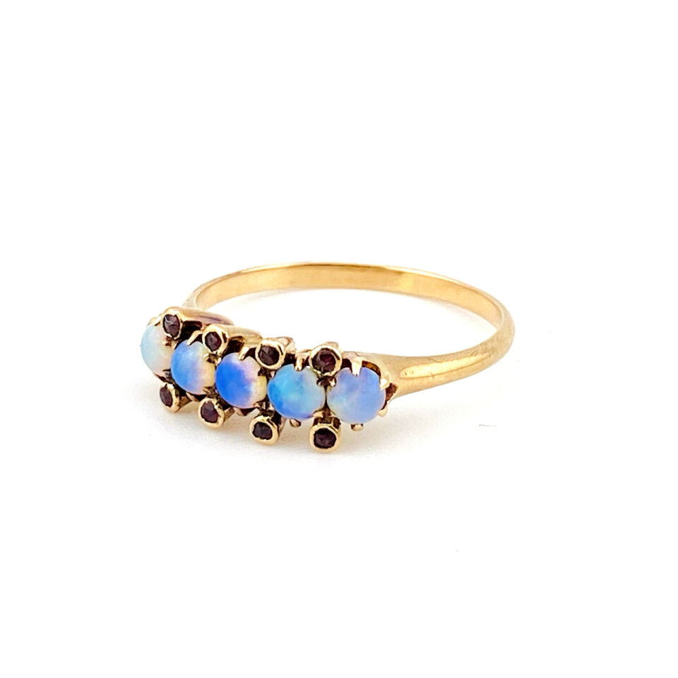 Antique Victorian blue opal and rhodolite garnet ring in 10k gold size 6.75