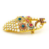 Signed Dorothy Bauer vintage gold tone flower basket brooch with pastel Swarovski crystals and red bow detail