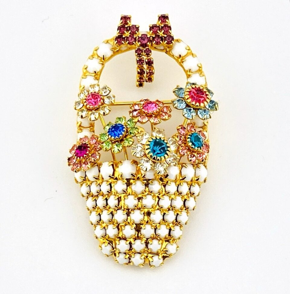 Signed Dorothy Bauer Flower Basket Brooch Swarovski Crystal Gold Tone