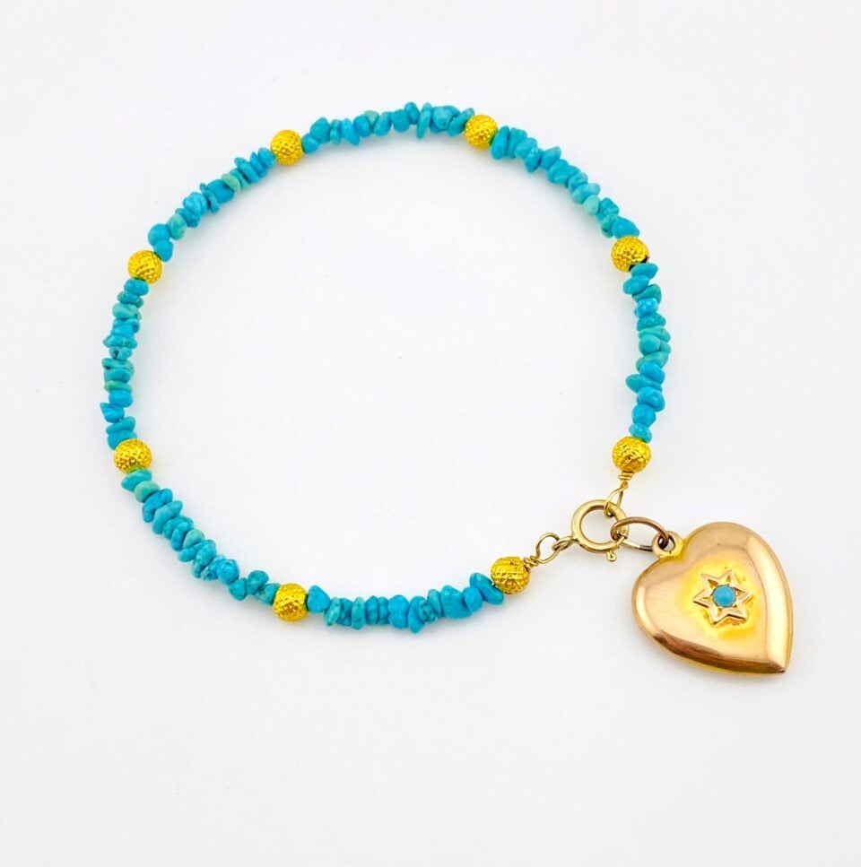 Sleeping Beauty Turquoise 14k Gold Bracelet with Textured 18k Beads – One of a Kind – By the Artist