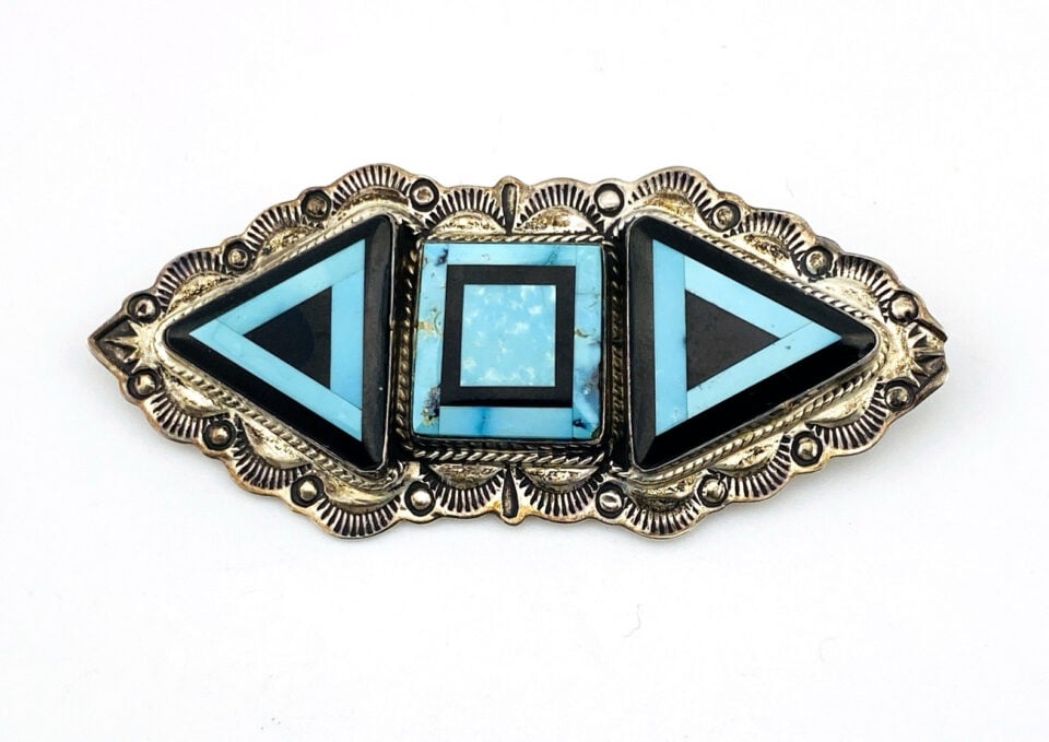 Sterling Silver Turquoise Black Onyx Geometric Inlay Southwestern Brooch