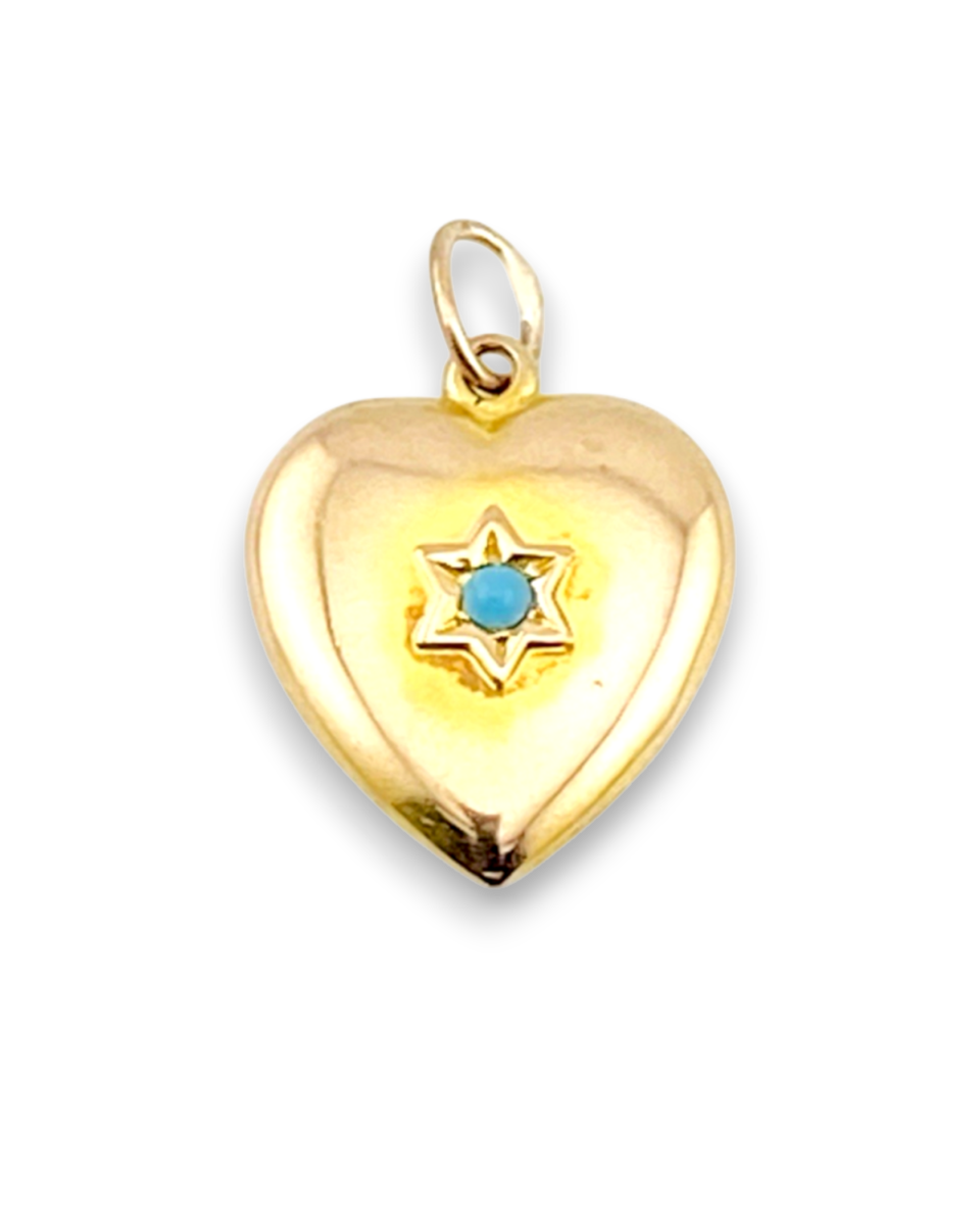 Victorian 10K Gold Puffy Heart Charm Pendant with Turquoise Star Engraved CR