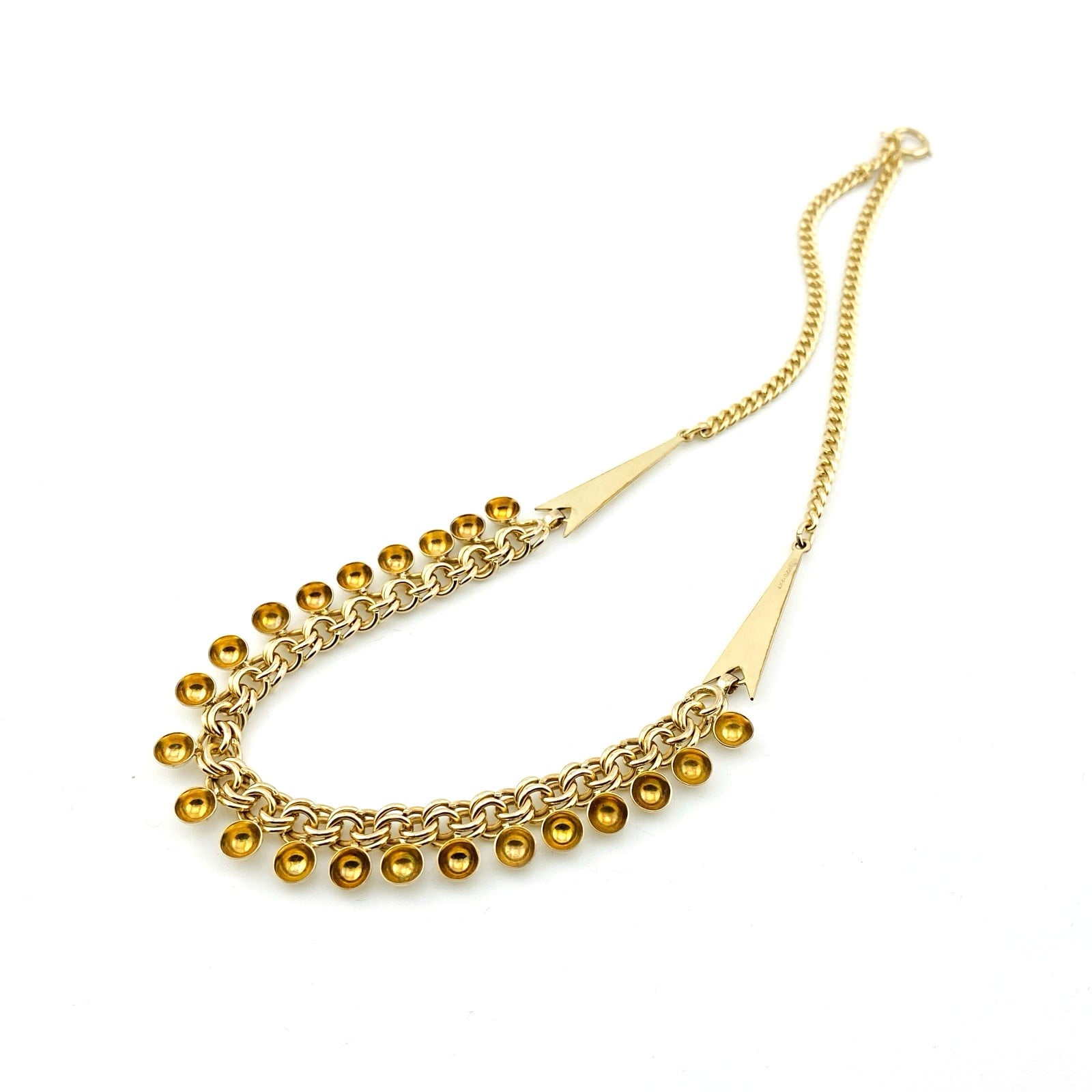 Vintage B&B gold filled curb chain necklace with arrow accents and polished ball fringe, signed and marked 1/20 12k.