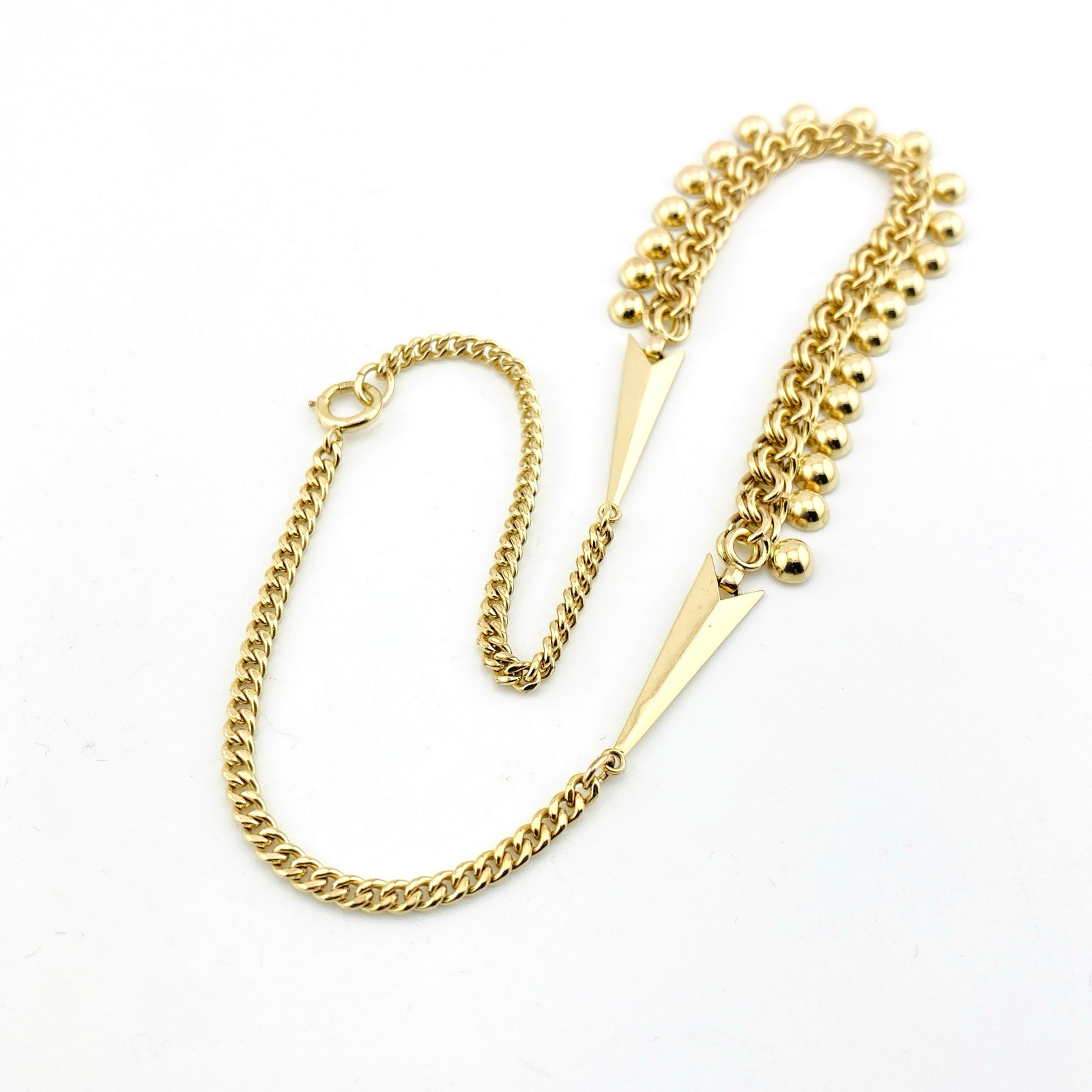Vintage B&B gold filled curb chain necklace with arrow accents and polished ball fringe, signed and marked 1/20 12k.
