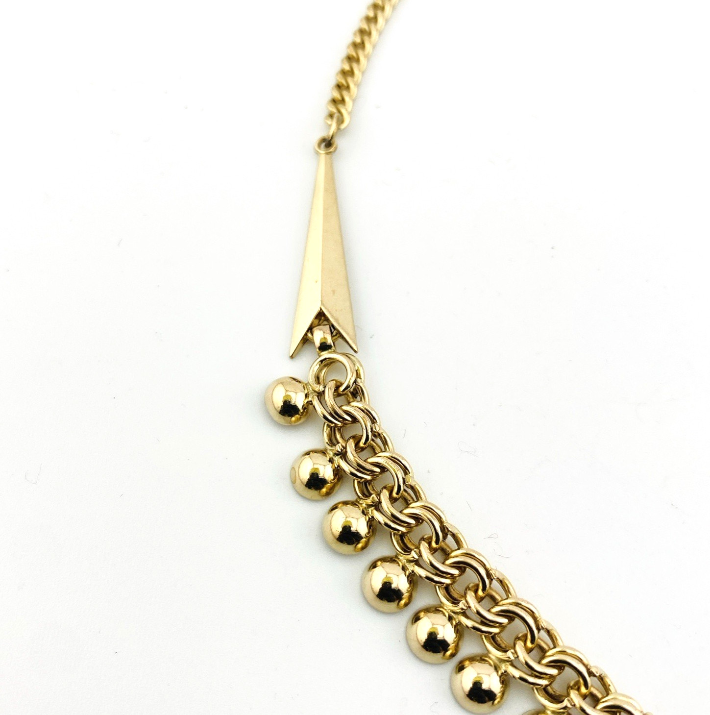 Vintage B&B gold filled curb chain necklace with arrow accents and polished ball fringe, signed and marked 1/20 12k.