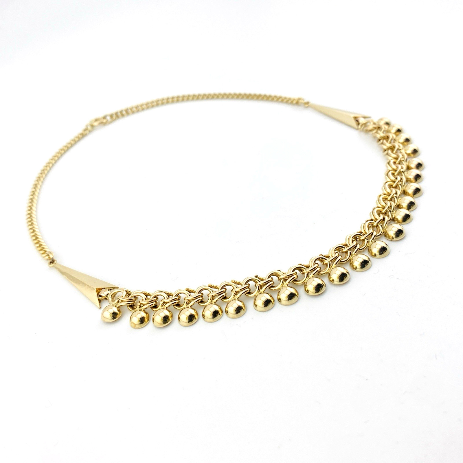 Vintage B&B gold filled curb chain necklace with arrow accents and polished ball fringe, signed and marked 1/20 12k.