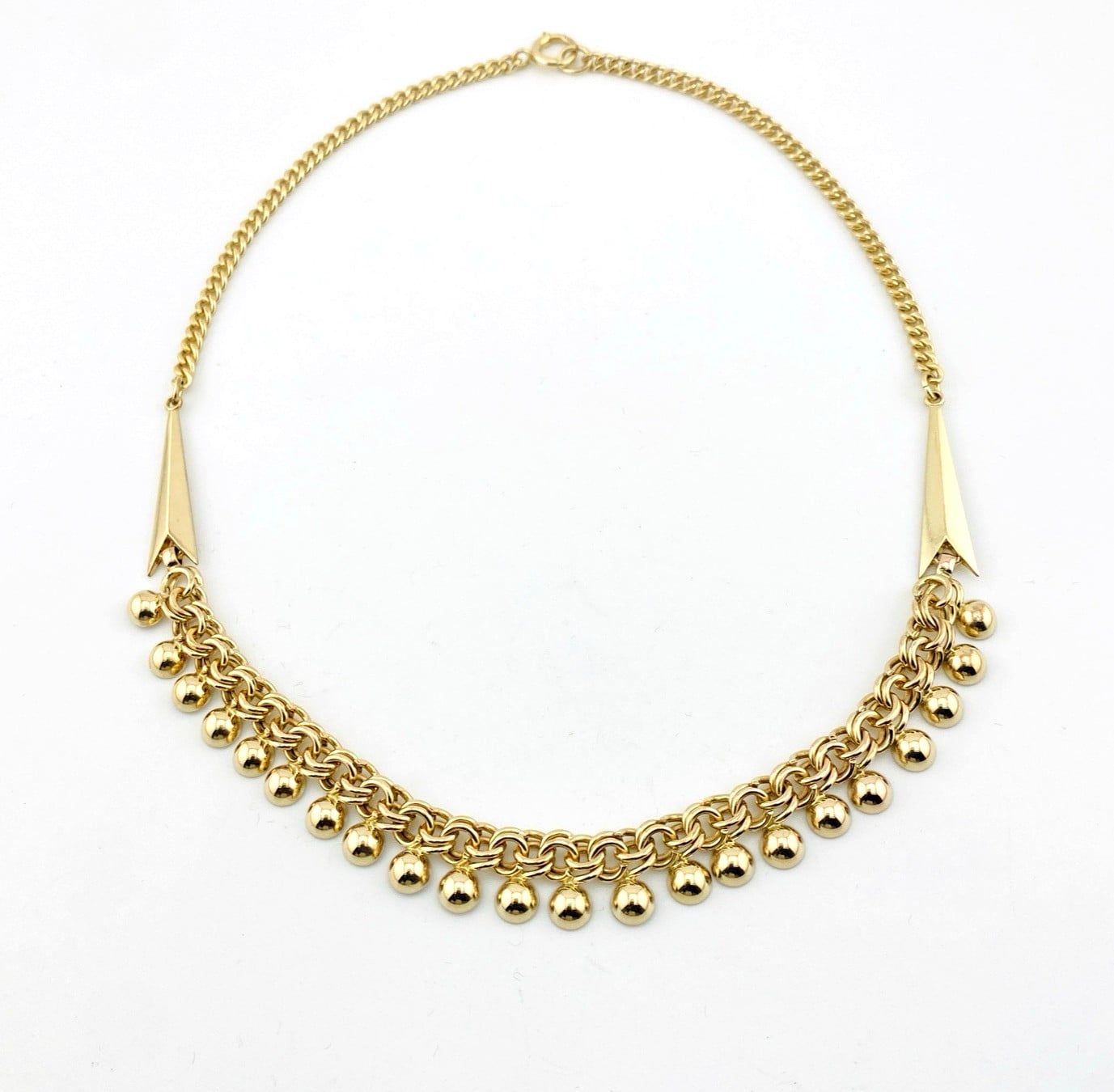 Vintage B&B gold filled curb chain necklace with arrow accents and polished ball fringe, signed and marked 1/20 12k.