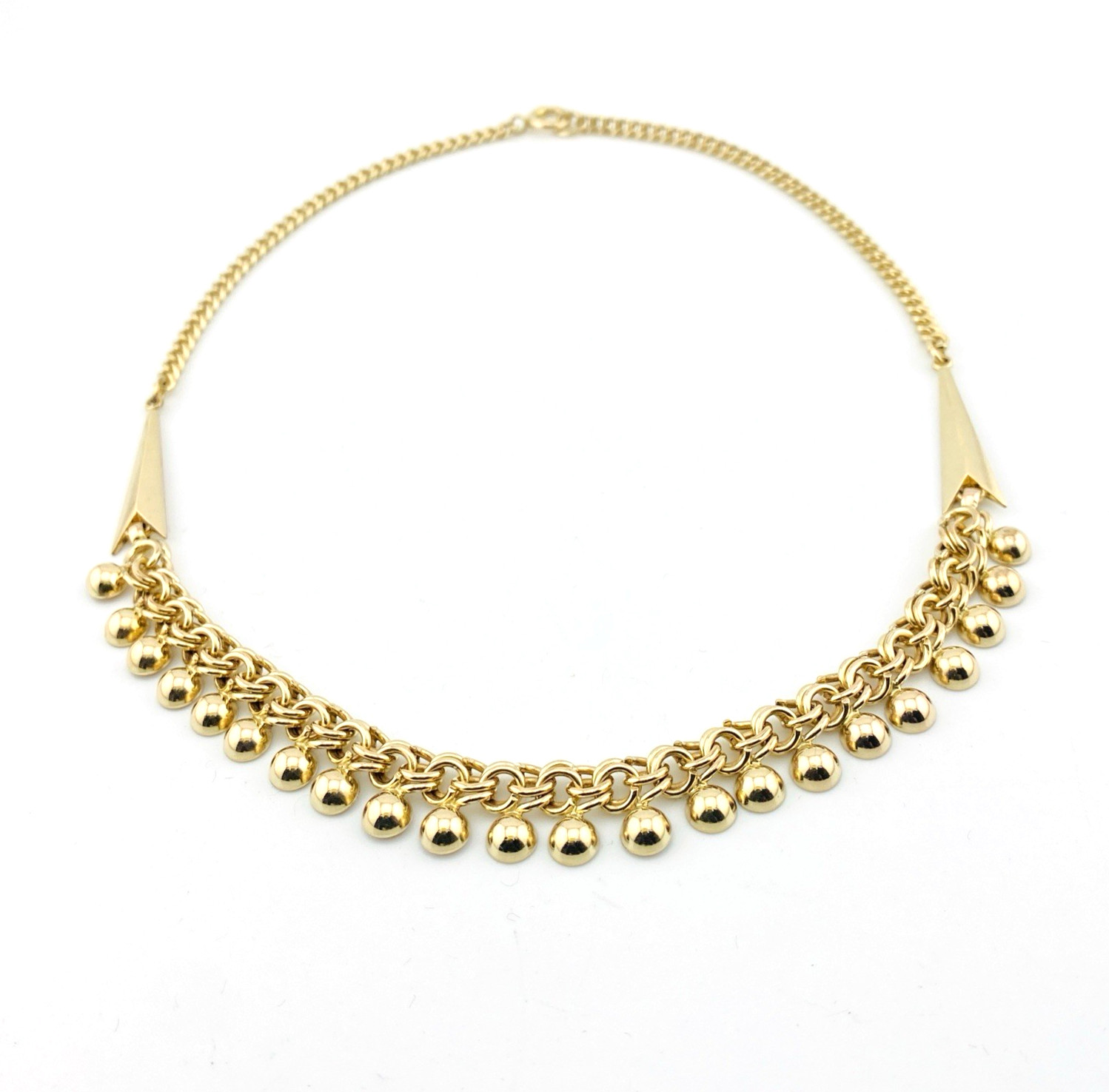 Vintage B&B gold filled curb chain necklace with arrow accents and polished ball fringe, signed and marked 1/20 12k.