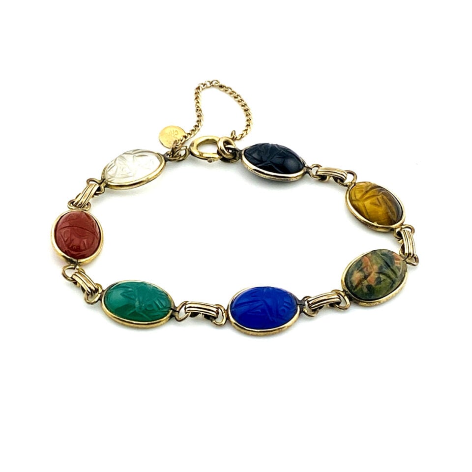 Vintage Gold Filled Carved Stone Scarab Link Bracelet – Large Multicolor Gemstone Scarabs – Signed CR Co – 6.75 in