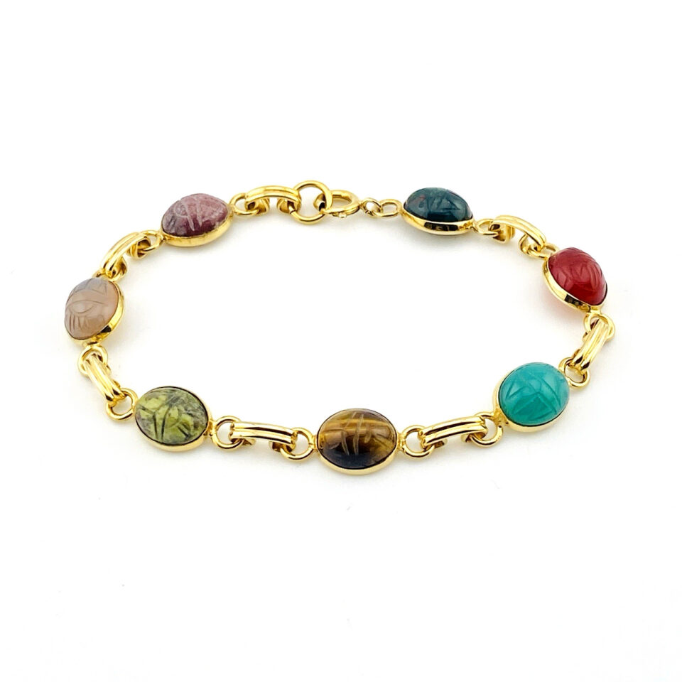Vintage Gold Filled Scarab Bracelet with Multicolor Carved Gemstones