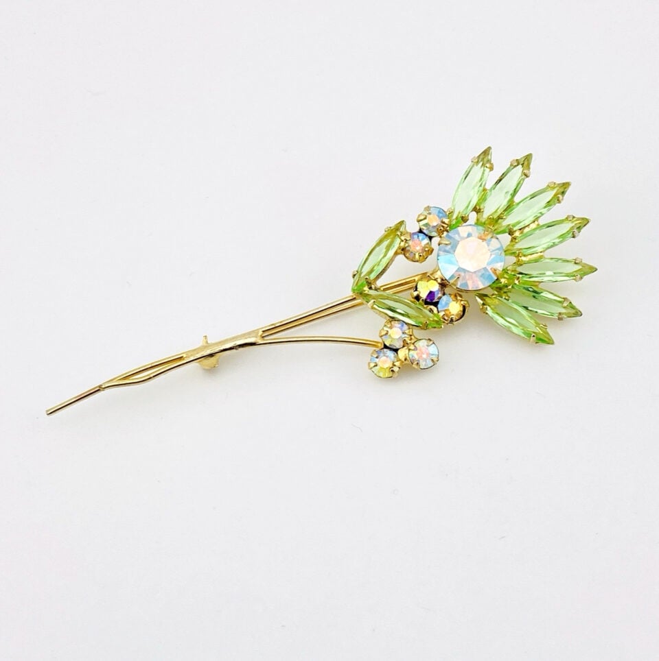 Vintage Green Rhinestone Flower Spray Brooch Gold Tone Aurora Borealis
