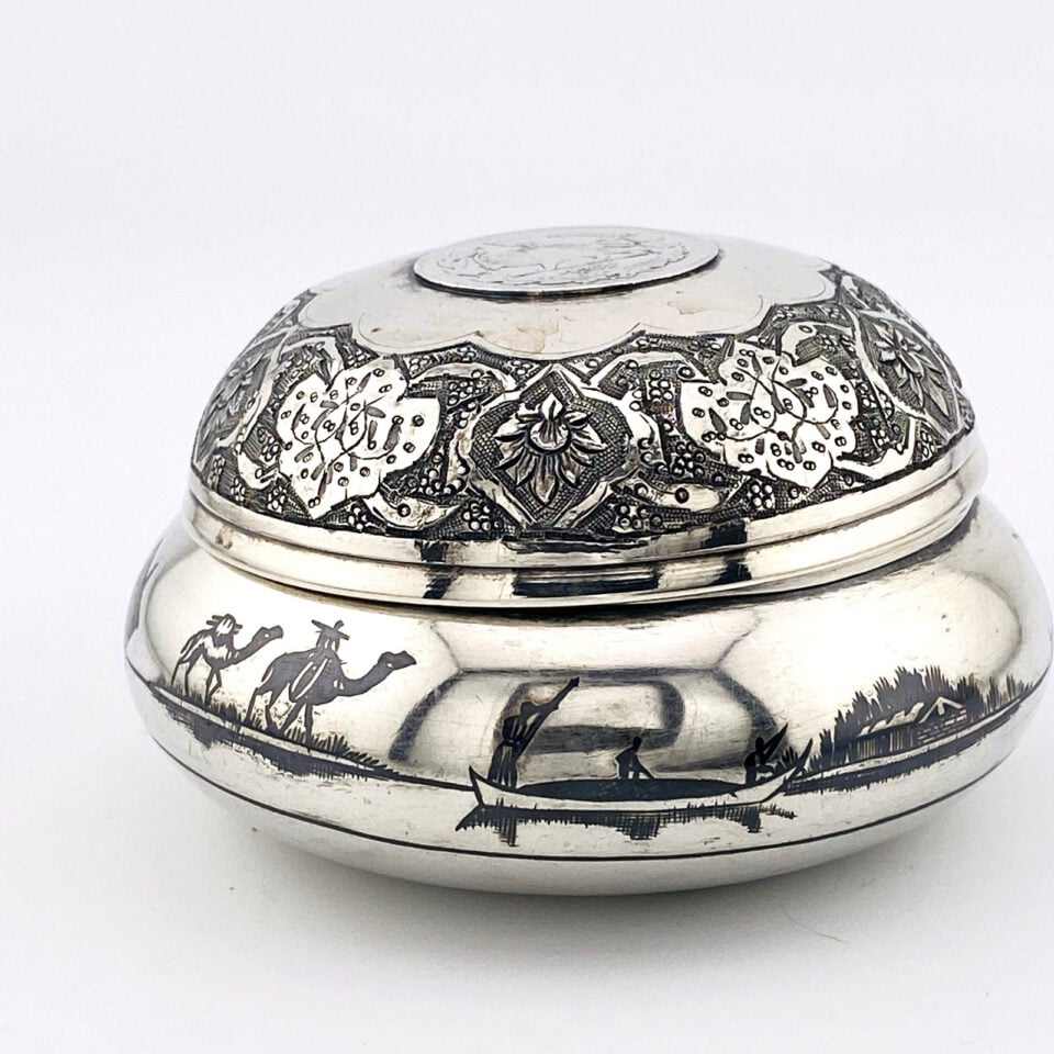 Middle Eastern 800 Silver Niello Engraved Round Box