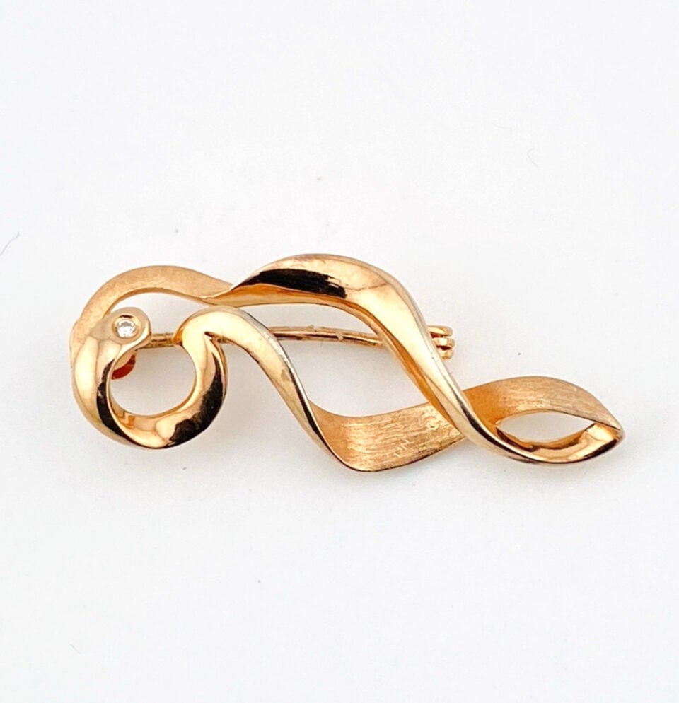 CTF Rose Gold Vermeil Diamond Ribbon Brooch Sterling 33mm