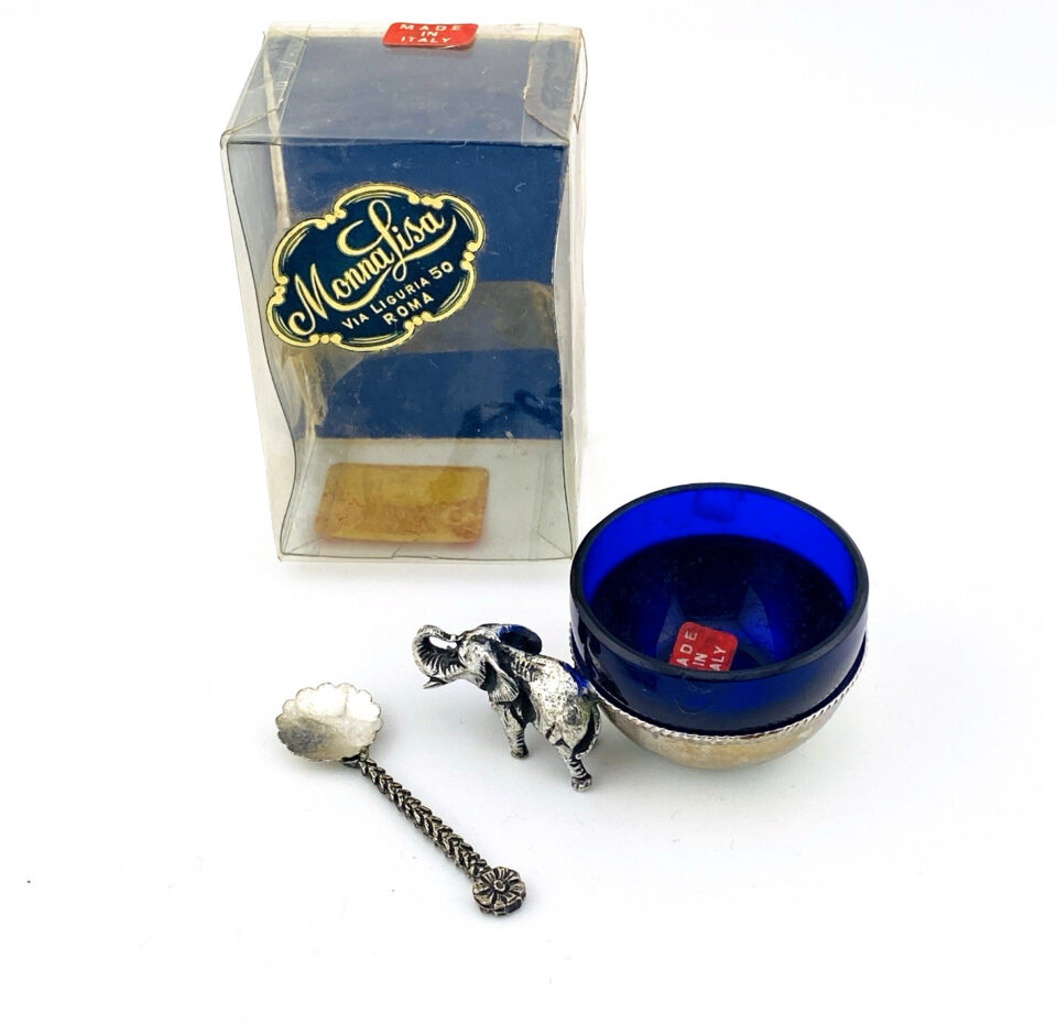 Italian 800 Silver Elephant Open Salt Cellar — Blue Glass — Boxed Monna Lisa Roma