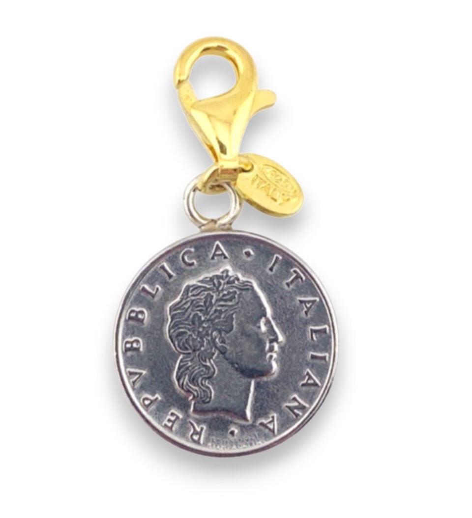 Italy 50 Lira Coin Charm Pendant Vermeil Sterling Clip 1995