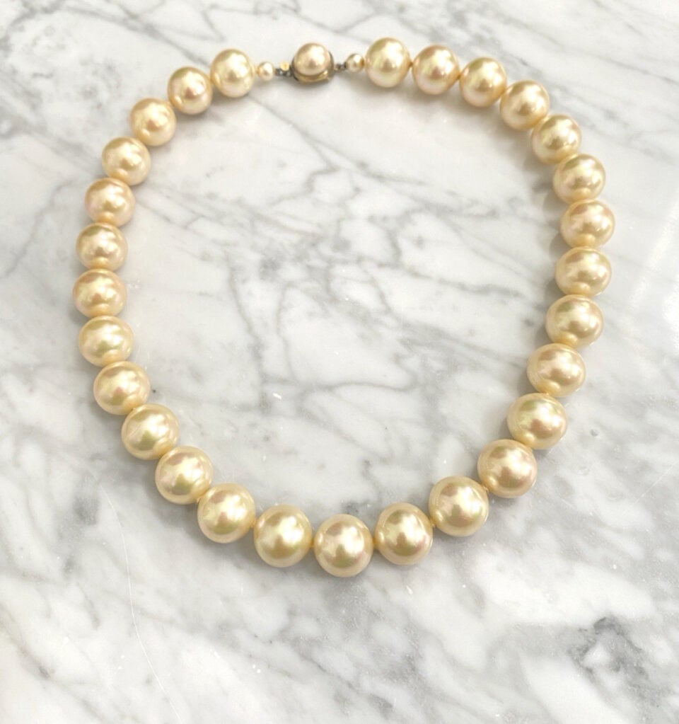 Majorica 13mm Pearl Choker Necklace 15.5" Gold Over Sterling Clasp Signed