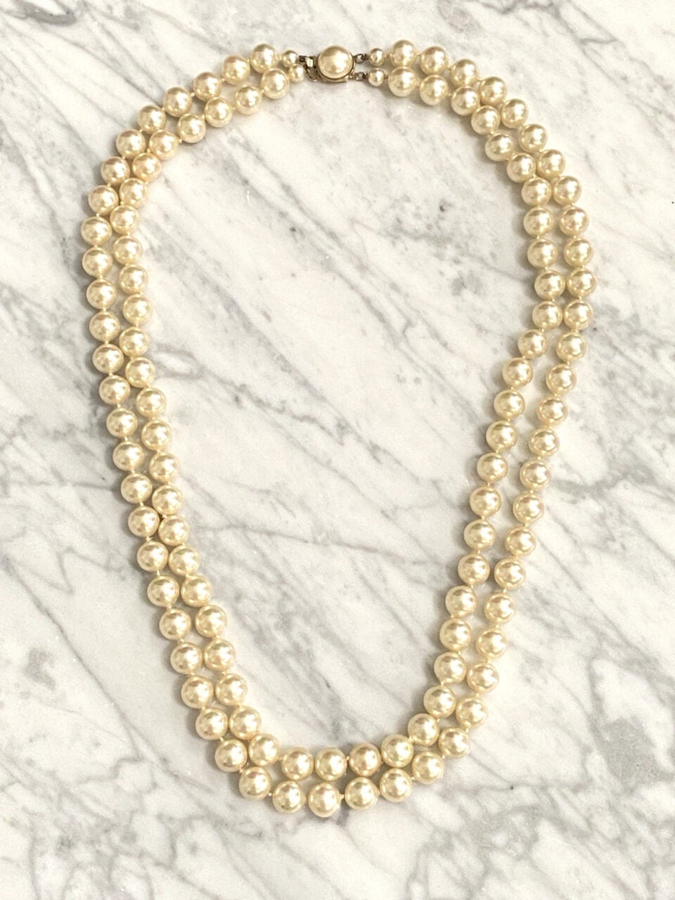Majorica Double Strand Pearl Necklace 25 Inches 10mm Gold Over Sterling Clasp