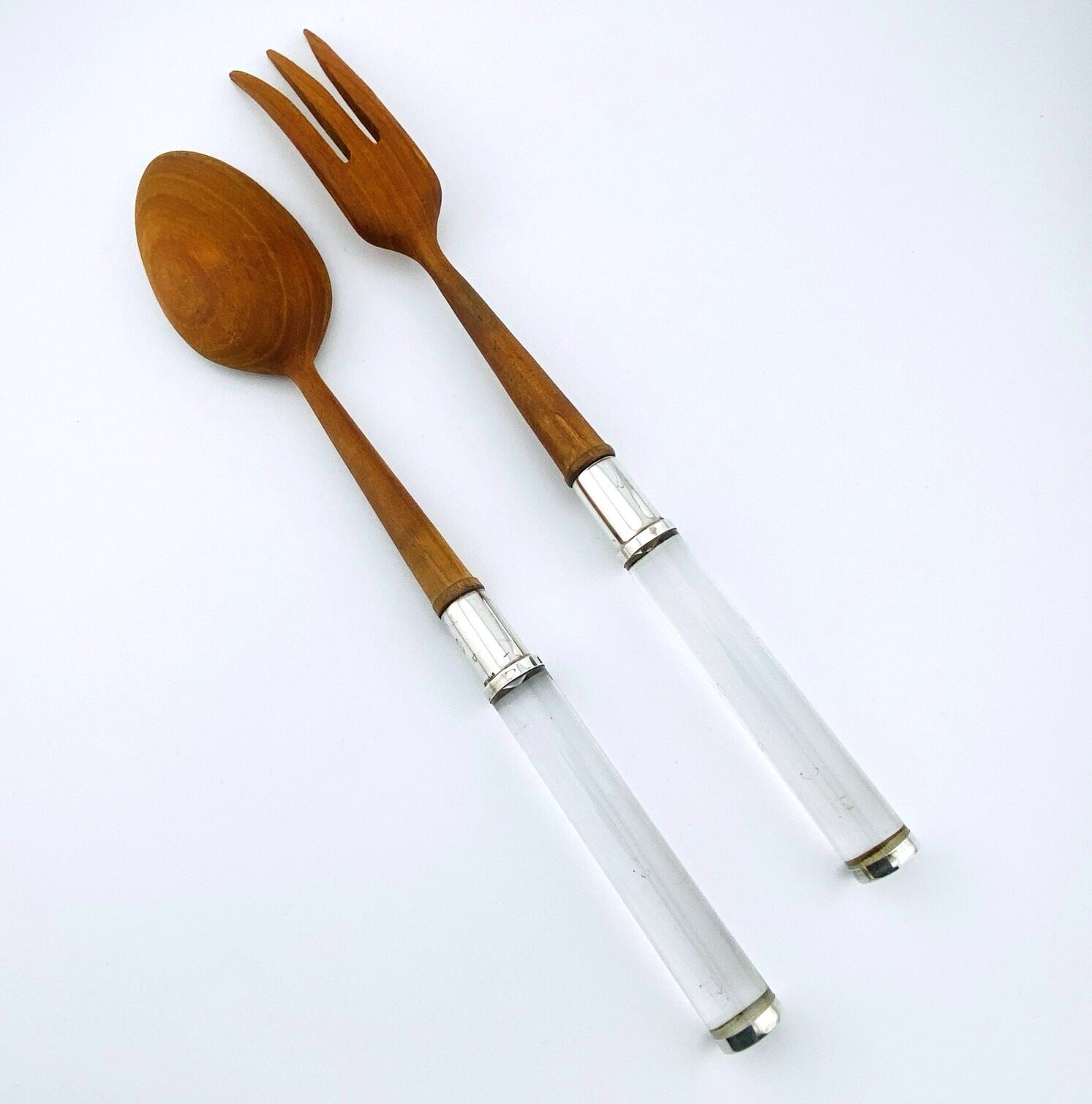 Mid Century Teak Sterling Acrylic Salad Servers
