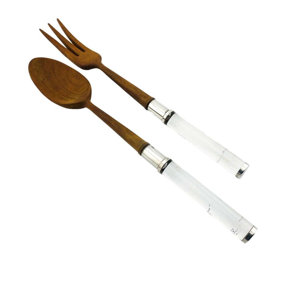 Mid Century Teak Sterling Acrylic Salad Servers
