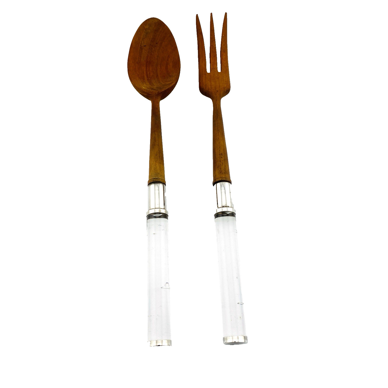 Mid century teak salad servers with sterling silver bands and acrylic handles
