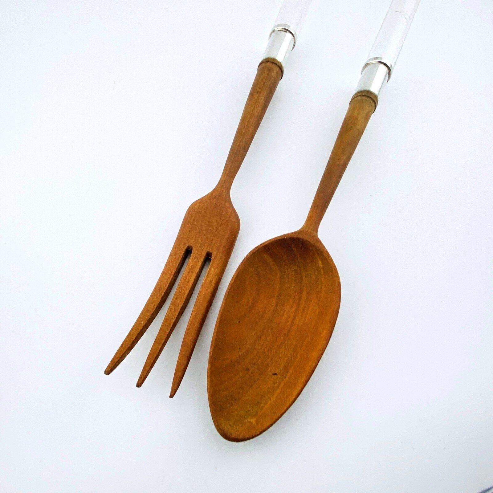Mid Century Teak Sterling Acrylic Salad Servers