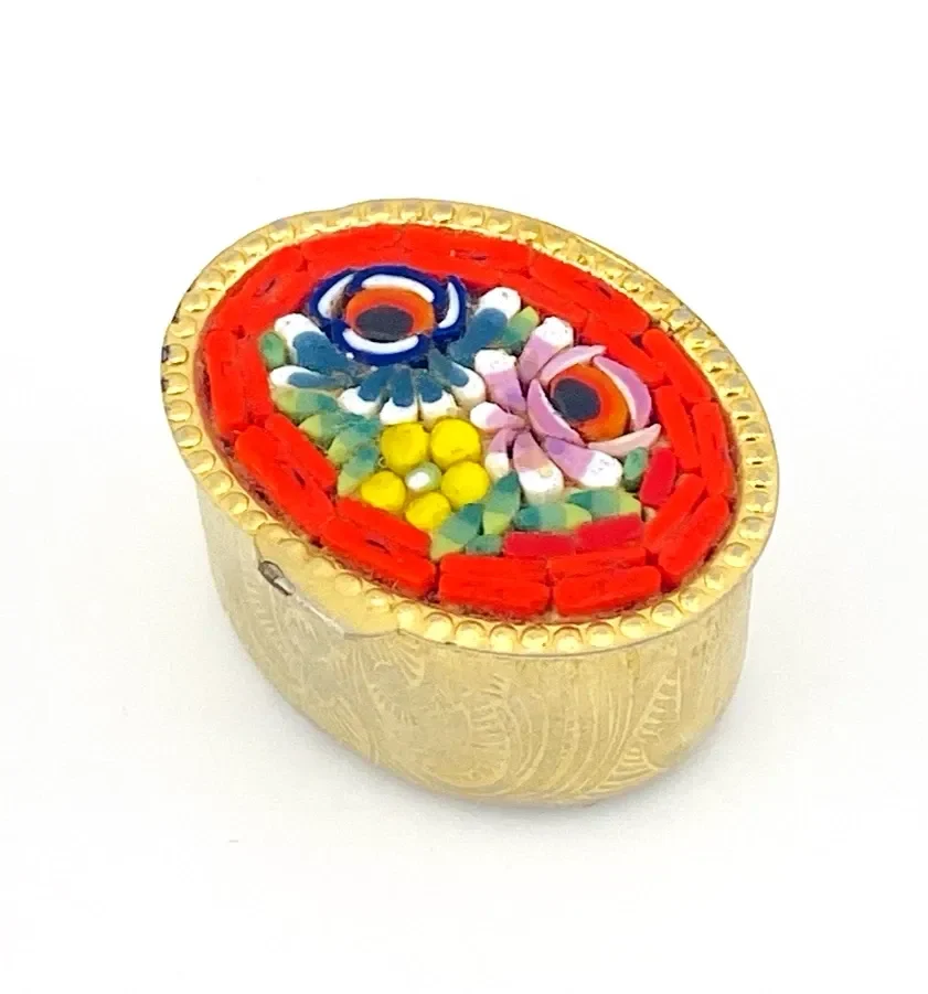 Vintage Italian Micro Mosaic Pill Box – Red Floral Oval Gold Tone, 1960s