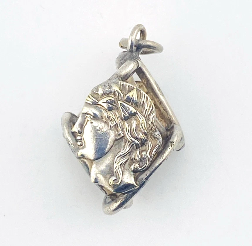 Antique Greco Roman Profile Silver Fob Pendant Laurel Crown Victorian