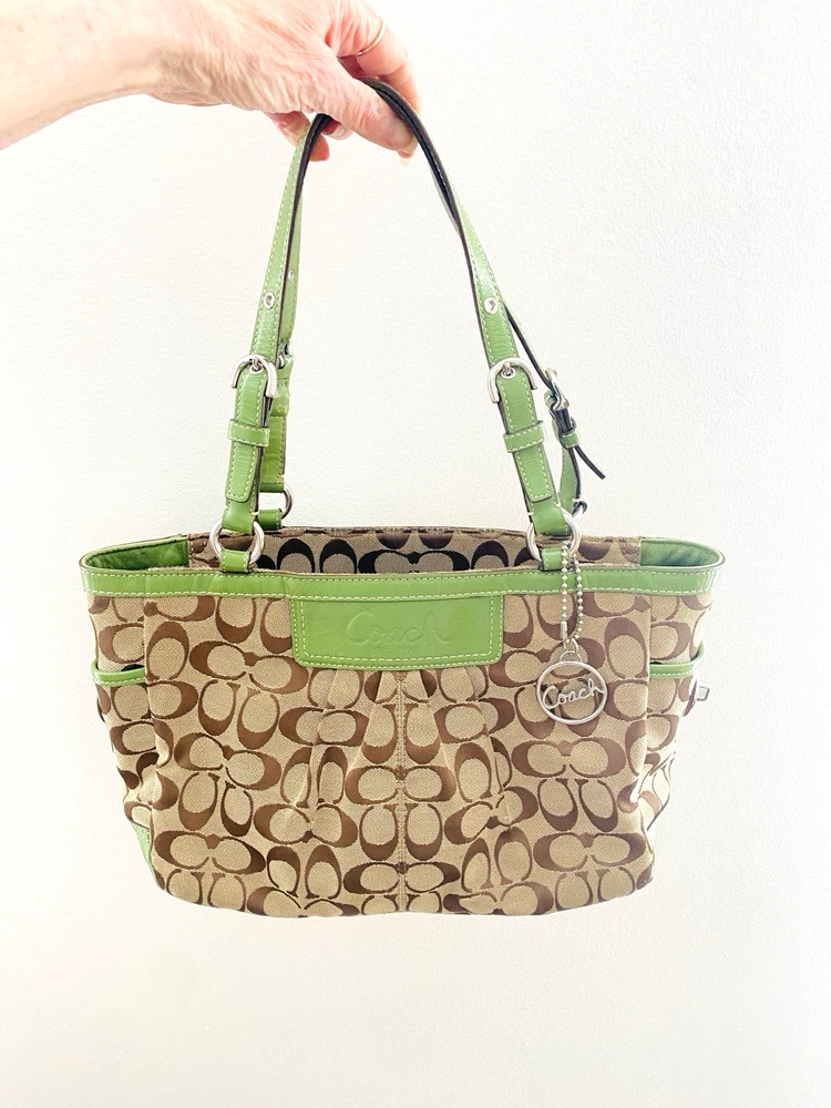 Coach Kisslock Bag Logo Canvas Green Trim K0993-F14281