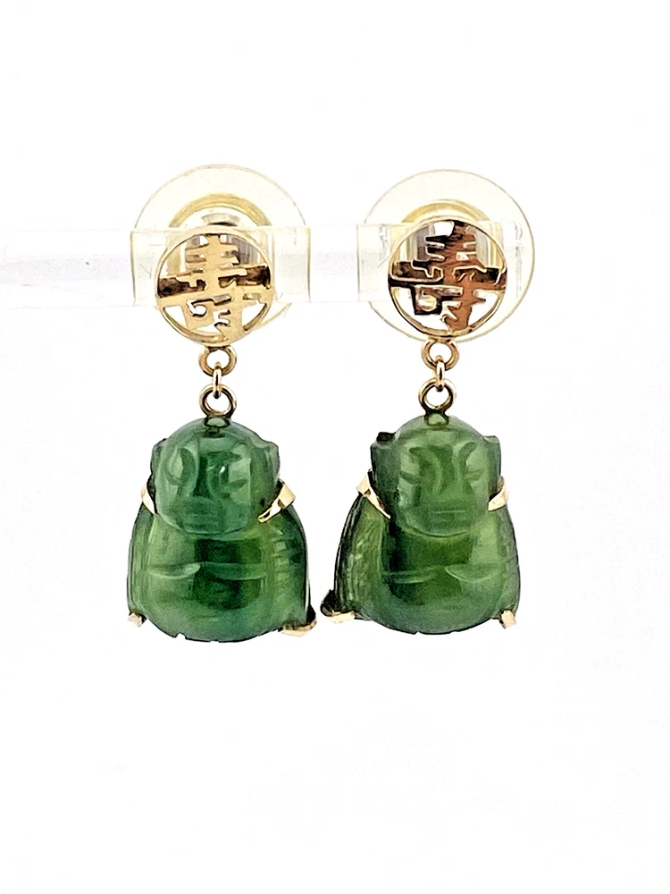 Vintage Nephrite Jade Buddha Earrings 14K Gold Post Gold Filled Longevity Symbol