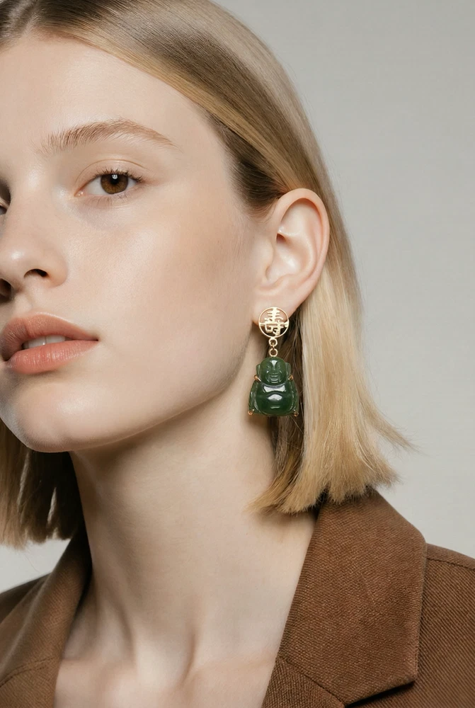 Nephrite Jade Buddha Drop Earrings on model
