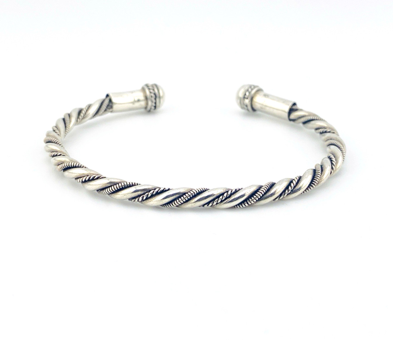 Vintage sterling silver twisted torque cuff bracelet with orb finials