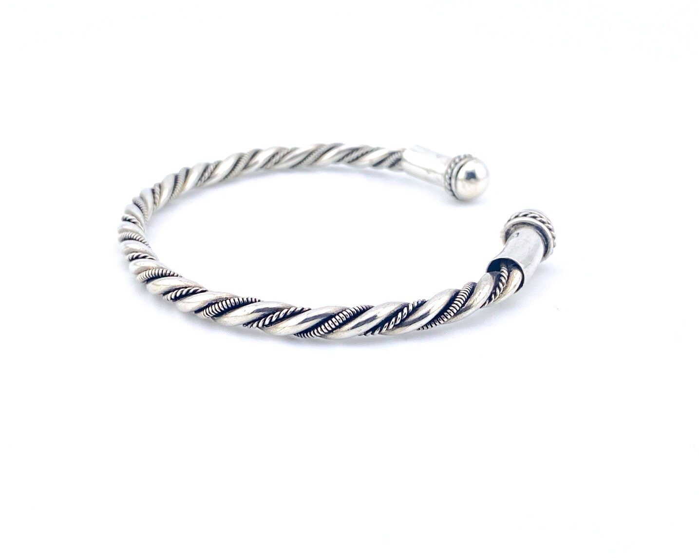 Vintage sterling silver twisted torque cuff bracelet with orb finials