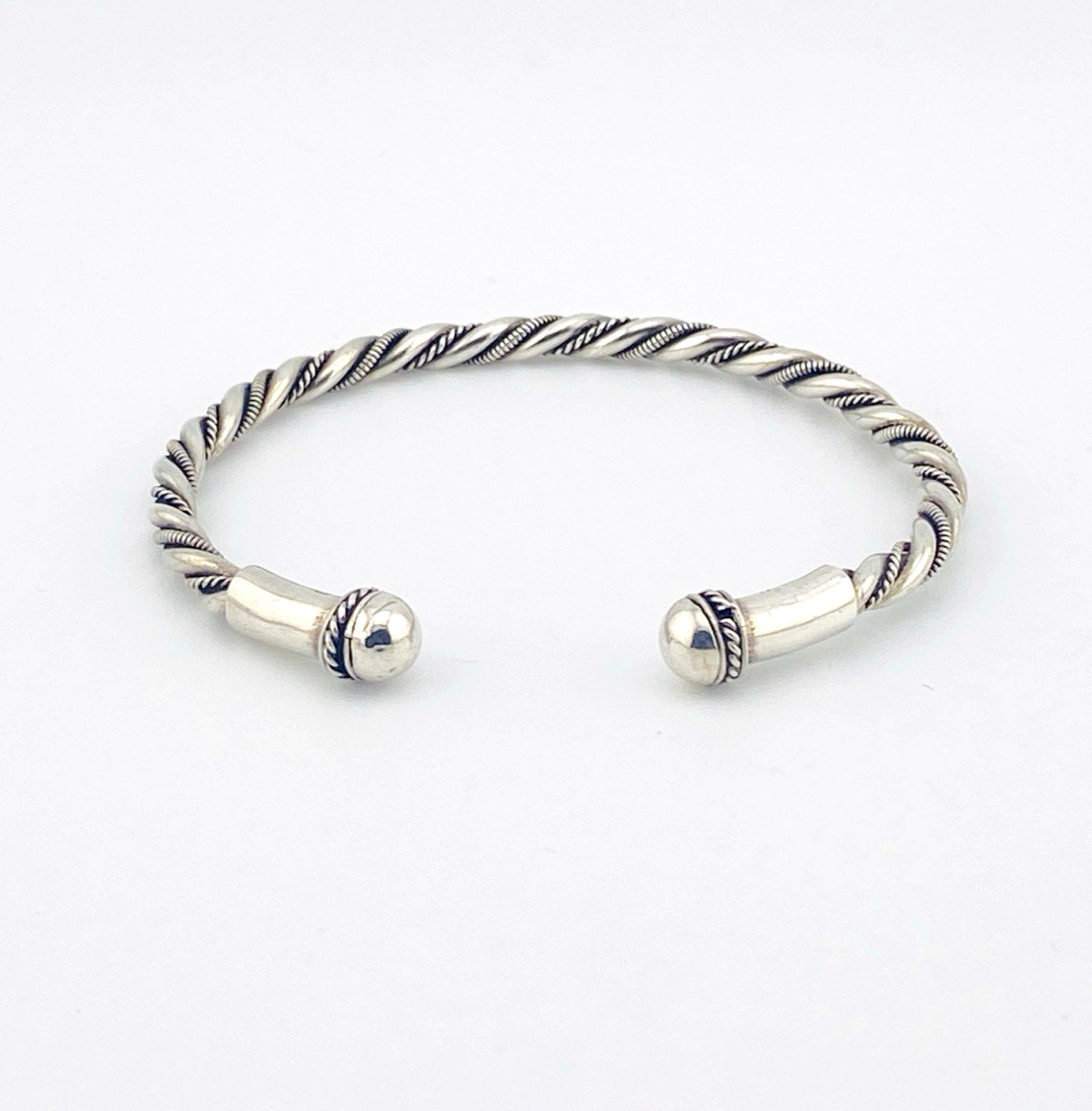 Vintage sterling silver twisted torque cuff bracelet with orb finials