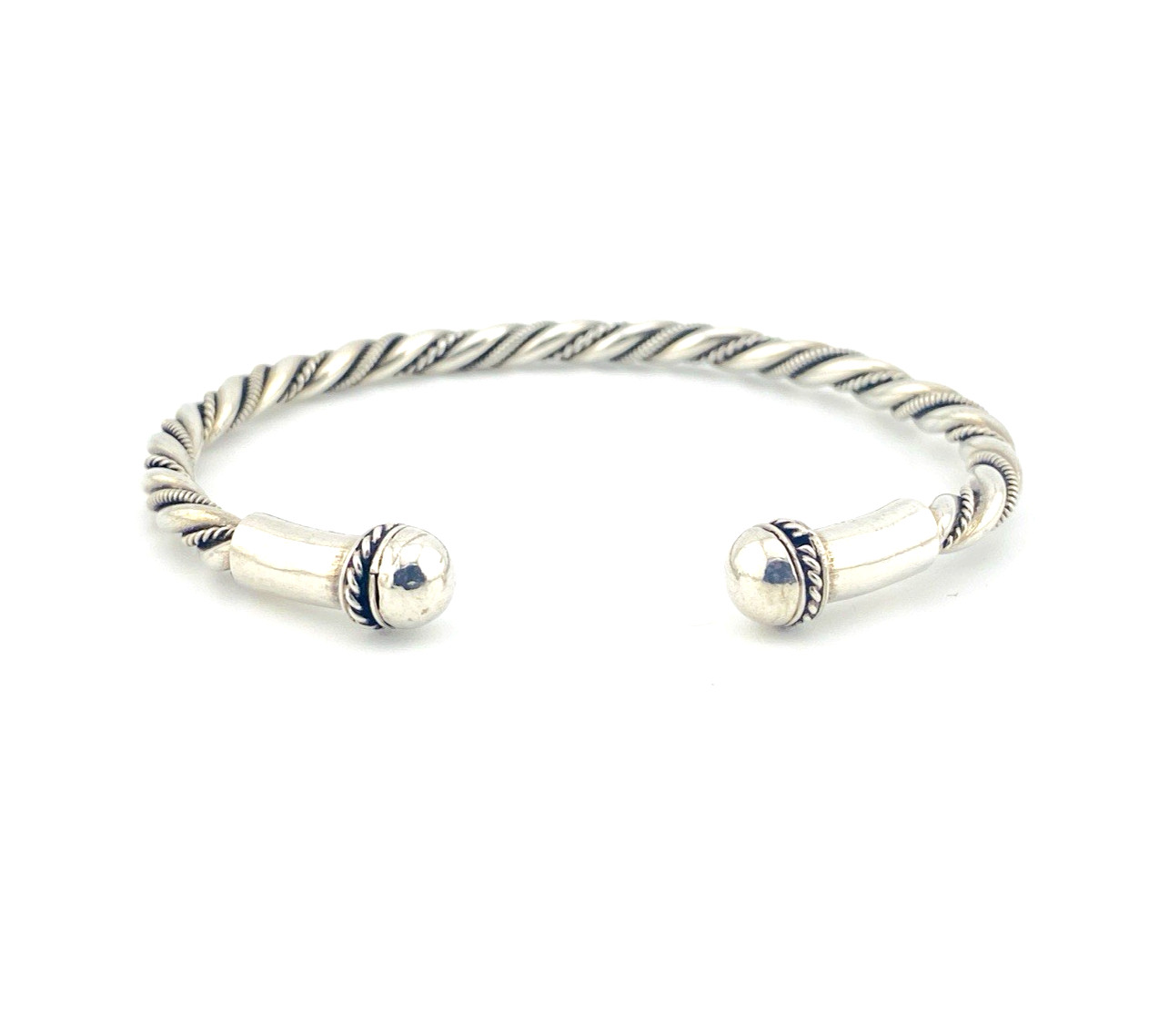 Vintage sterling silver twisted torque cuff bracelet with orb finials