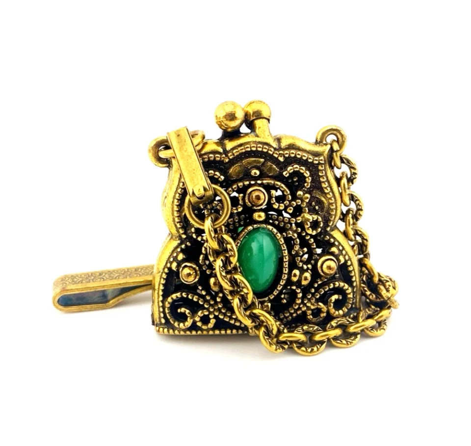 Vintage Chatelaine Coin Purse Charm Kiss Lock Goldette Style Green Stone Clip